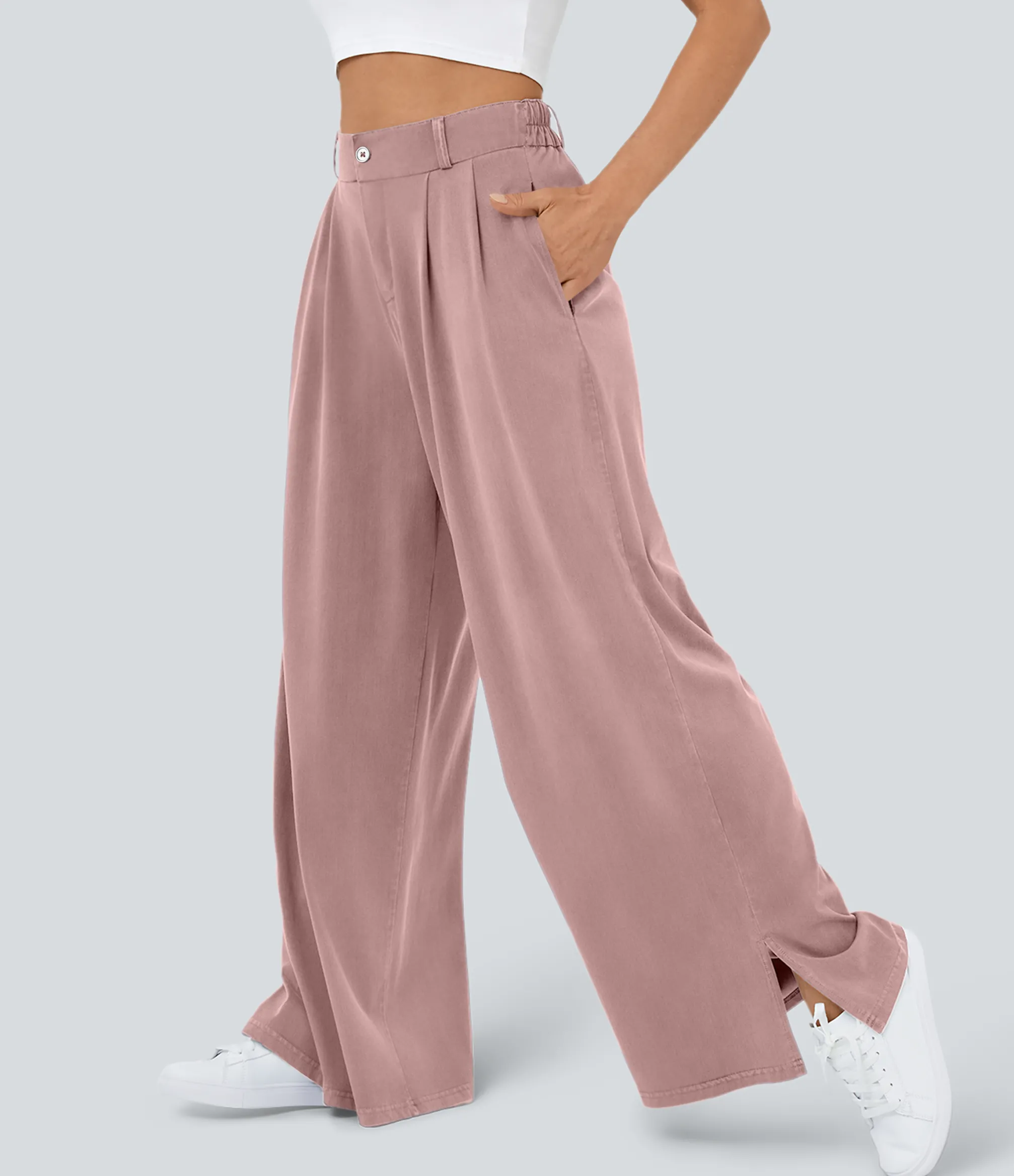 High-Waisted Pants|Wide-Leg Pants<HALARA High Waisted Zipper Pocket Hem Wide Leg Casual Pants
