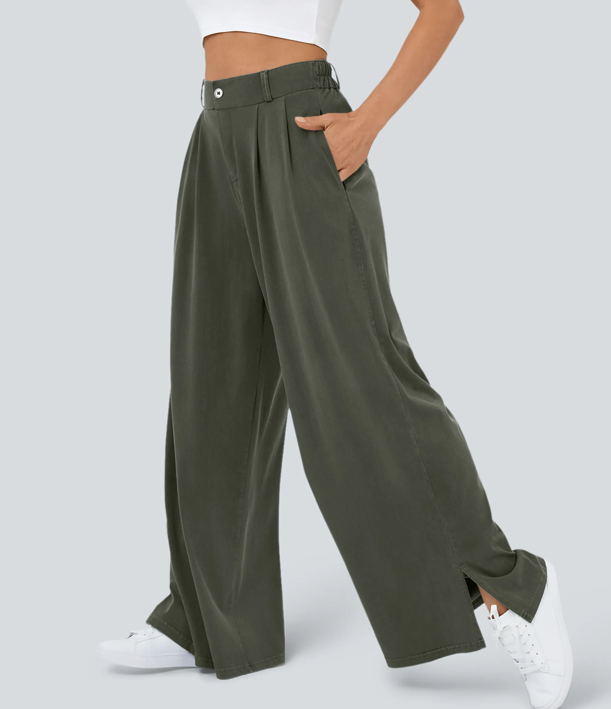High-Waisted Pants|Wide-Leg Pants<HALARA High Waisted Zipper Pocket Hem Wide Leg Casual Pants