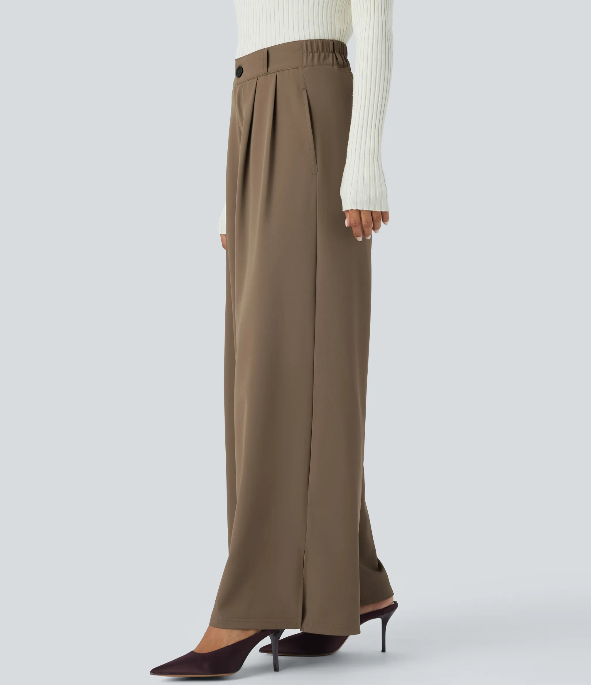 High-Waisted Pants|Wide-Leg Pants<HALARA High Waisted Zipper Pocket Hem Wide Leg Work Pants