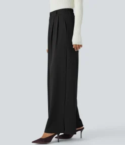 High-Waisted Pants|Wide-Leg Pants<HALARA High Waisted Zipper Pocket Hem Wide Leg Work Pants