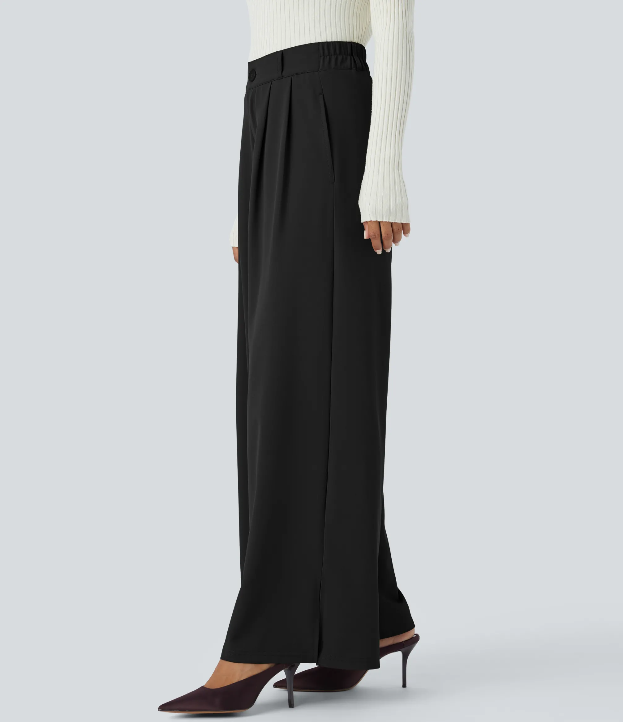 High-Waisted Pants|Wide-Leg Pants<HALARA High Waisted Zipper Pocket Hem Wide Leg Work Pants