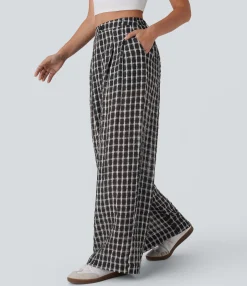 High-Waisted Pants|Wide-Leg Pants<HALARA High Waisted Zipper Pocket Wide Leg Plaid Flowy Casual Pants