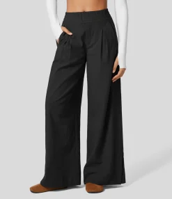 High-Waisted Pants|Pants<HALARA High Waisted Zipper Pocket Hem Wide Leg Palazzo Casual Linen-Feel Pants