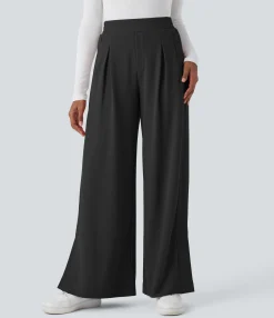 High-Waisted Pants|Wide-Leg Pants<HALARA High Waisted Zipper Pocket Hem Wide Leg Waffle Casual Pants