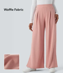 High-Waisted Pants|Wide-Leg Pants<HALARA High Waisted Zipper Pocket Hem Wide Leg Waffle Casual Pants