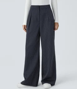 High-Waisted Pants|Wide-Leg Pants<HALARA High Waisted Zipper Pocket Wide Leg Striped Work Pants