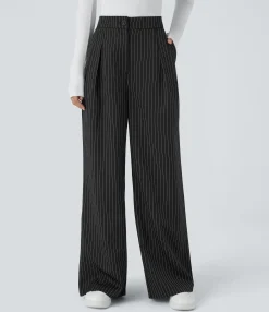 High-Waisted Pants|Wide-Leg Pants<HALARA High Waisted Zipper Pocket Wide Leg Striped Work Pants