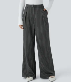 High-Waisted Pants|Wide-Leg Pants<HALARA High Waisted Zipper Pocket Wide Leg Striped Work Pants