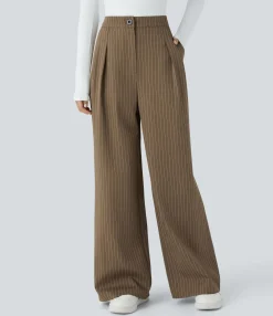 High-Waisted Pants|Wide-Leg Pants<HALARA High Waisted Zipper Pocket Wide Leg Striped Work Pants