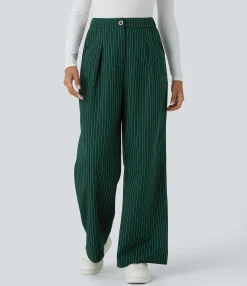 High-Waisted Pants|Wide-Leg Pants<HALARA High Waisted Zipper Pocket Wide Leg Striped Work Pants