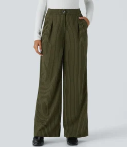 High-Waisted Pants|Wide-Leg Pants<HALARA High Waisted Zipper Pocket Wide Leg Striped Work Pants