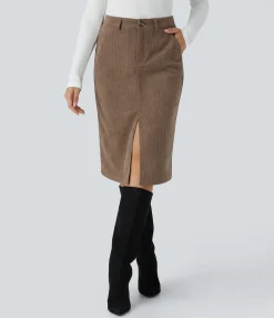 Maxi & Midi Skirts|Skirts<HALARA High Waisted Zipper Pockets Midi Corduroy Work Skirt