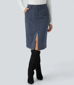 Maxi & Midi Skirts|Skirts<HALARA High Waisted Zipper Pockets Midi Corduroy Work Skirt