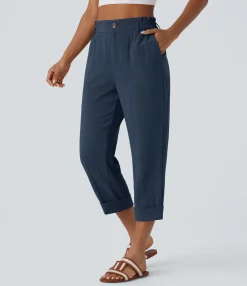 High-Waisted Pants|Pants<HALARA High Waisted Zipper Pocket Capri Linen-Feel Pants