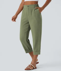 High-Waisted Pants|Pants<HALARA High Waisted Zipper Pocket Capri Linen-Feel Pants