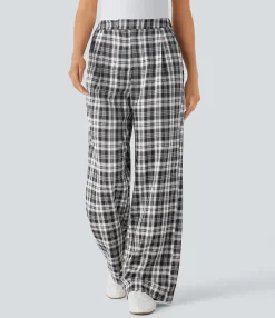 Pants|High-Waisted Pants<HALARA High Waisted Zipper Pocket Wide Leg Plaid Casual Pants