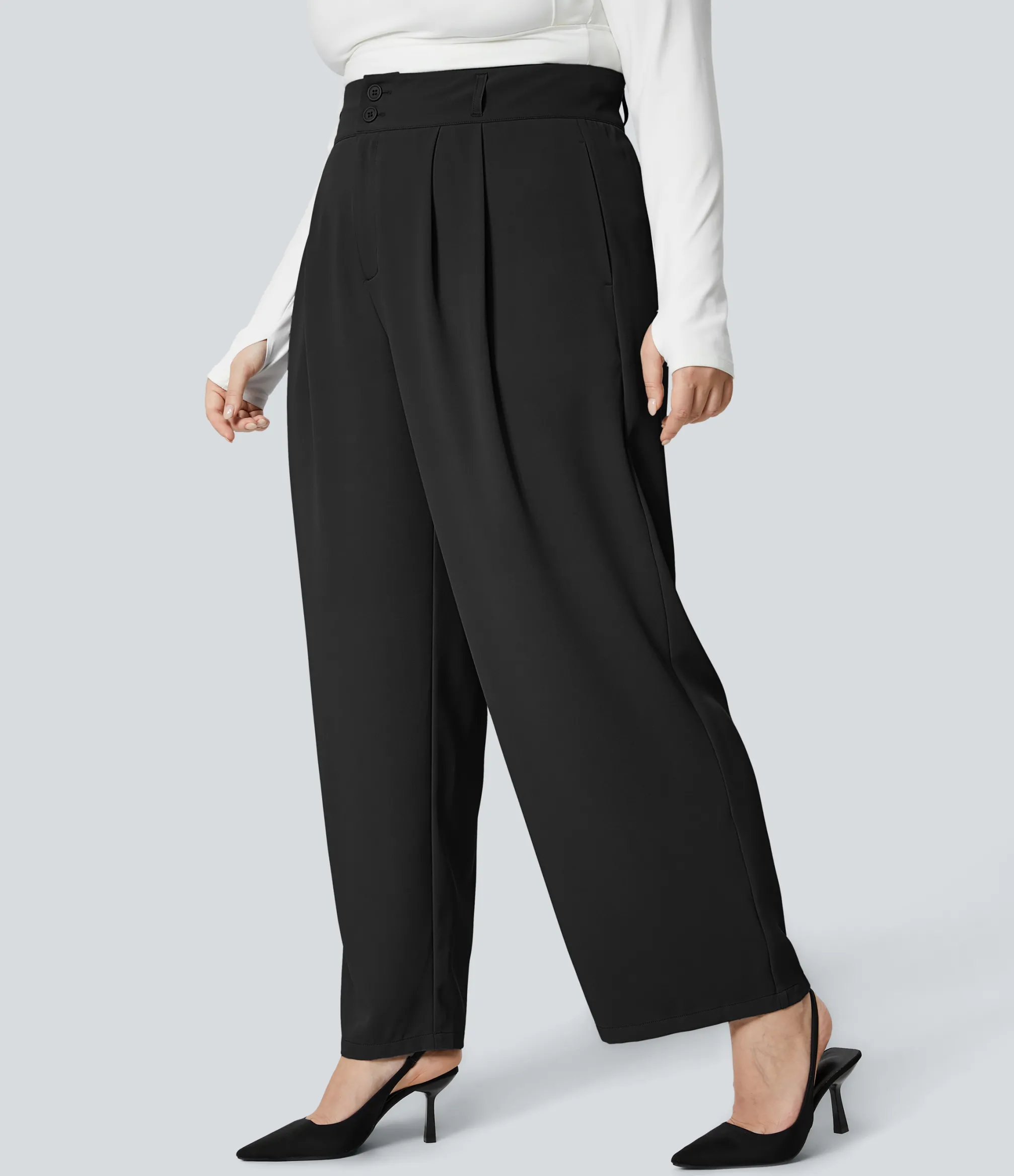 Plus Size<HALARA High Waisted Zipper Pocket Shirred Straight Leg Work Plus Size Pants