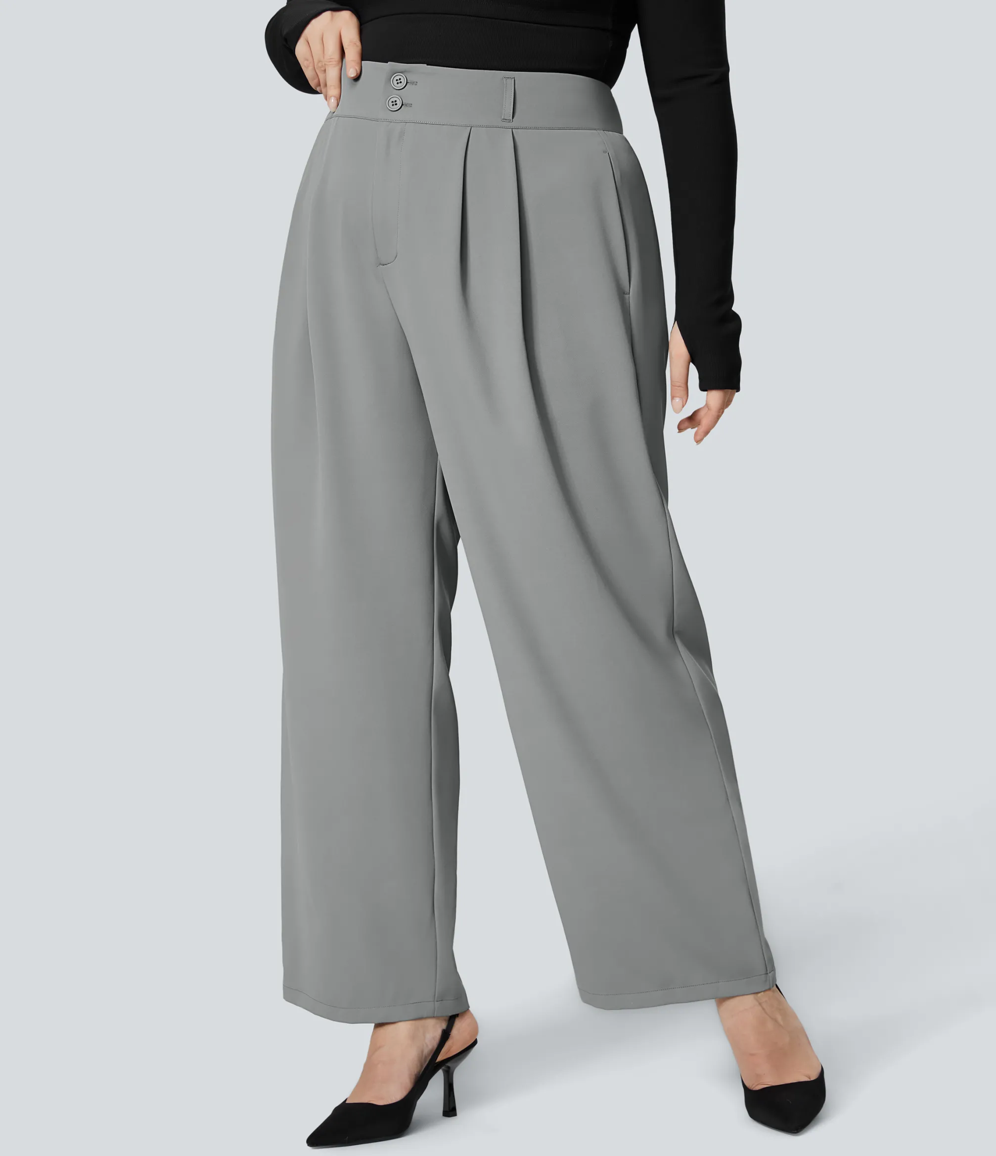 Plus Size<HALARA High Waisted Zipper Pocket Shirred Straight Leg Work Plus Size Pants