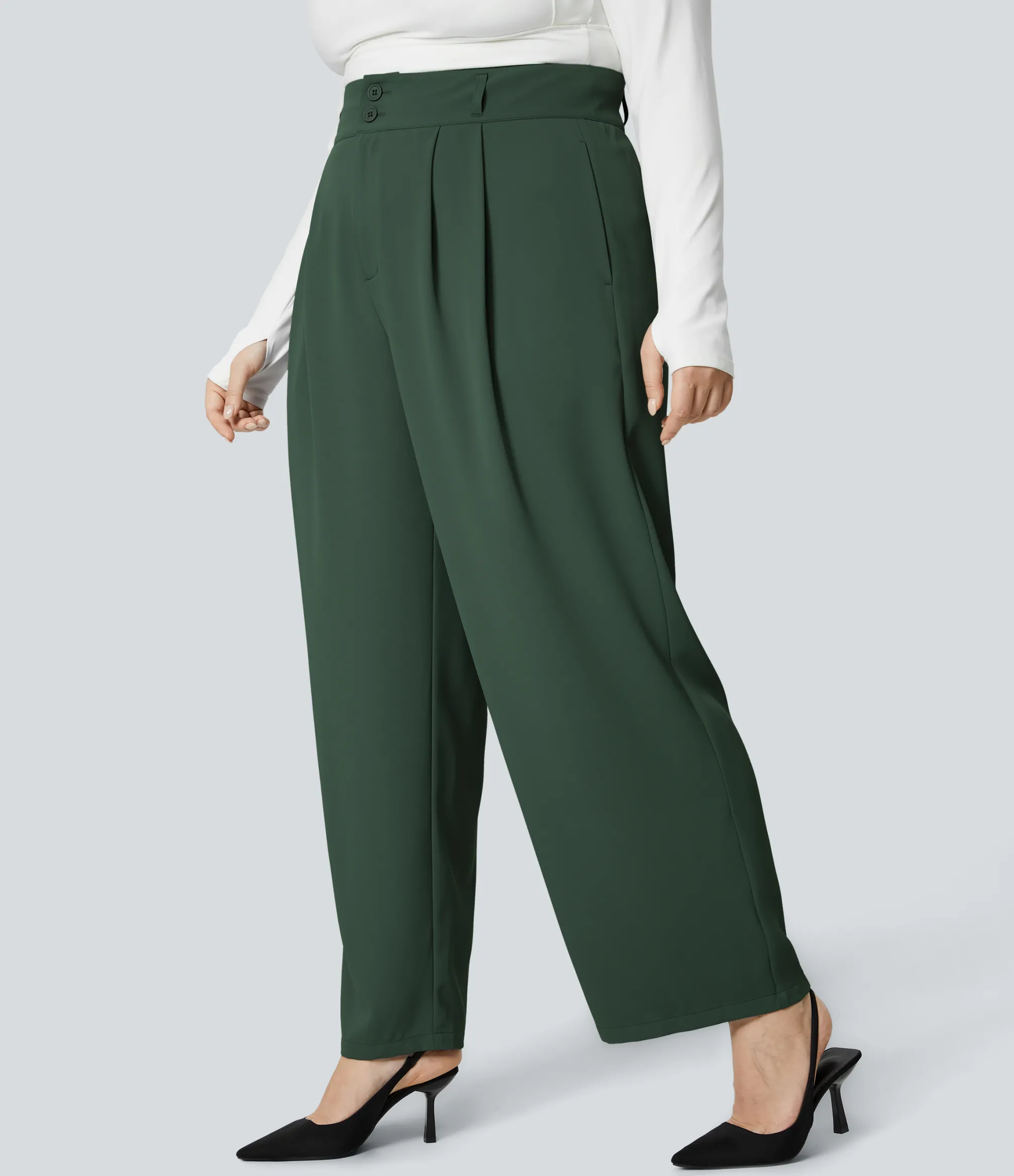Plus Size<HALARA High Waisted Zipper Pocket Shirred Straight Leg Work Plus Size Pants