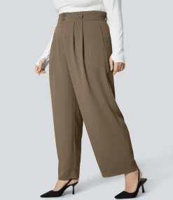 Plus Size<HALARA High Waisted Zipper Pocket Shirred Straight Leg Work Plus Size Pants