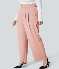 Plus Size<HALARA High Waisted Zipper Pocket Shirred Straight Leg Work Plus Size Pants