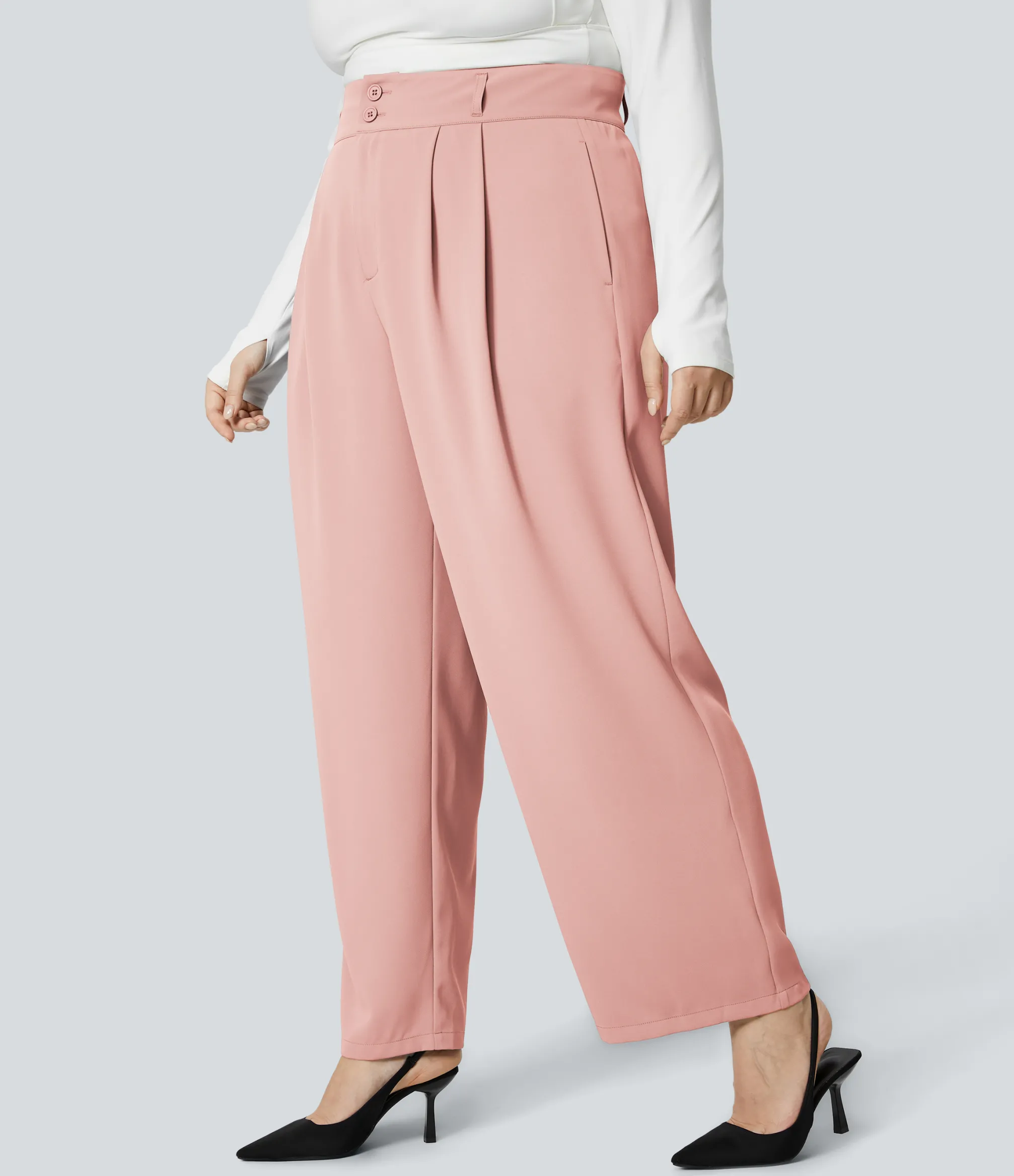 Plus Size<HALARA High Waisted Zipper Pocket Shirred Straight Leg Work Plus Size Pants
