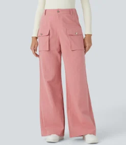 High-Waisted Pants|Pants<HALARA High Waisted Zipper Side Flap Cargo Pocket Wide Leg Casual Linen-Feel Pants