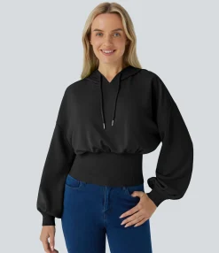 Sweatshirts & Hoodies<HALARA Hooded Drawstring Bishop Sleeve Contrast Ribbed Relaxed Casual Sweatshirt