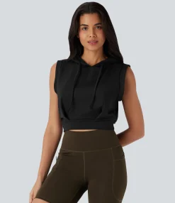 Casual Tops<HALARA Hooded Drawstring Cap Sleeve Cropped Casual Top