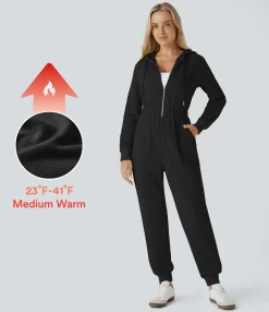 Jumpsuits<HALARA Hooded Drawstring Half Zip Long Sleeve Pocket Fleece Casual Jogger Jumpsuit