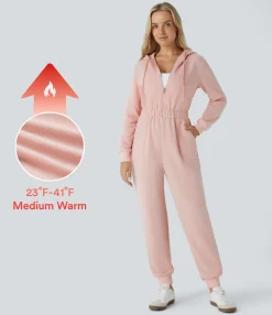Jumpsuits<HALARA Hooded Drawstring Half Zip Long Sleeve Pocket Fleece Casual Jogger Jumpsuit