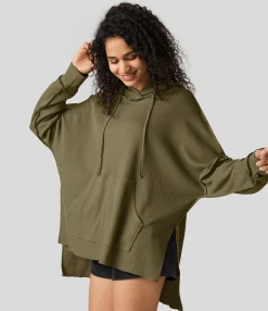 Sweatshirts & Hoodies<HALARA Hooded Drawstring Kangaroo Pocket Hem High Low Oversize Casual Waffle Sweatshirt