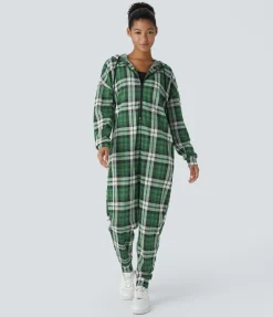 Jumpsuits<HALARA Hooded Drawstring Long Sleeve Zipper Pocket Plaid Casual Jogger Jumpsuit Green Ivy Plaid