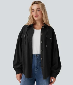 Jackets & Outerwear<HALARA Hooded Drawstring Long Sleeve Corduroy Casual Jacket with Pockets