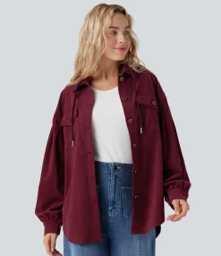 Jackets & Outerwear<HALARA Hooded Drawstring Long Sleeve Corduroy Casual Jacket with Pockets