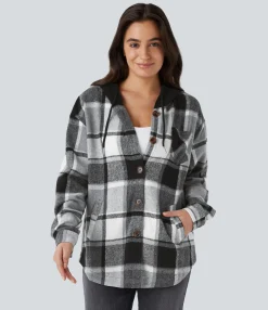 Jackets & Outerwear<HALARA Hooded Drawstring Pocket Plaid Thermal Casual Jacket