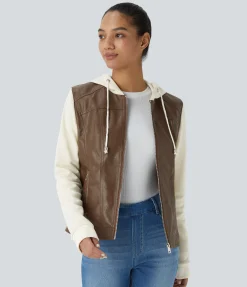 Jackets & Outerwear<HALARA Hooded Drawstring Pocket Zipper Contrast Faux Leather Casual Jacket