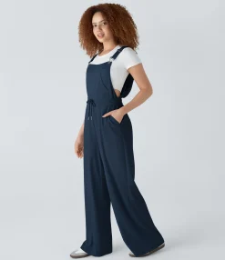 Jumpsuits<HALARA Hooded Drawstring Pockets Waffle Casual Overalls
