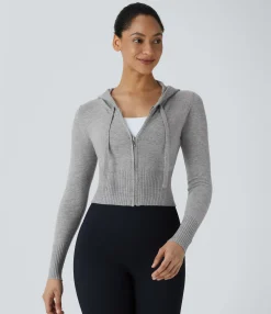 Sweaters<HALARA Hooded Drawstring Zipper Long Sleeve Casual Cardigan
