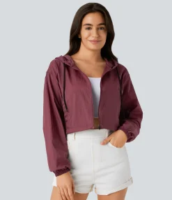 Jackets & Outerwear<HALARA Hooded Drawstring Zipper Long Sleeve Pocket Cropped Casual Jacket-UPF40+