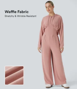 Jumpsuits<HALARA Hooded Drawstring Zipper Pocket Cut Out Waffle Casual Jumpsuit