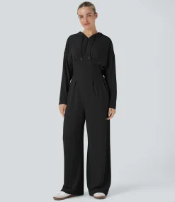 Jumpsuits<HALARA Hooded Drawstring Zipper Pocket Cut Out Waffle Casual Jumpsuit