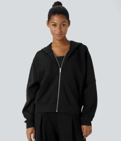 Yoga Tops<HALARA Hooded Dropped Shoulder Long Sleeve Kangaroo Pocket Zipper Relaxed Yoga Sweatshirt