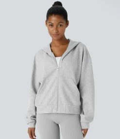 Yoga Tops<HALARA Hooded Dropped Shoulder Long Sleeve Kangaroo Pocket Zipper Relaxed Yoga Sweatshirt