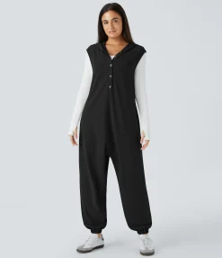 Jumpsuits<HALARA Hooded Front Sleeveless Pocket Waffle Casual Jumpsuit