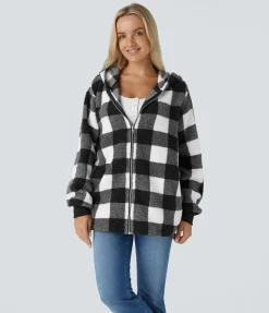 Jackets & Outerwear<HALARA Hooded Long Sleeve Pocket Zipper Plaid Fleece Relaxed Casual Jacket
