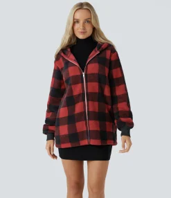 Jackets & Outerwear<HALARA Hooded Long Sleeve Pocket Zipper Plaid Fleece Relaxed Casual Jacket