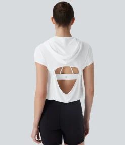 Sports Tops|Sports Tops<HALARA Hooded Short Sleeve Cut Out Yoga Sports Top
