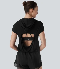 Sports Tops|Sports Tops<HALARA Hooded Short Sleeve Cut Out Yoga Sports Top