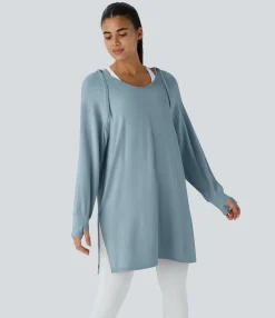 Sweatshirts & Hoodies<HALARA Hooded V Neck Drawstring Thumb Hole Longline Casual Sweatshirt